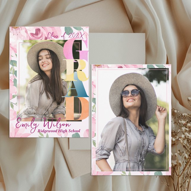 Anúncio de Graduação da Turma de 2026 com Foto Flo (Floral Photo Graduation Announcement Card | Class of 2026 Senior Girl )