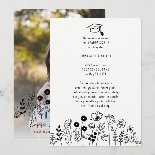 Anúncio de Graduação das flores desenhadas à mão (Frente/Verso)