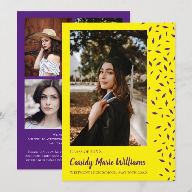 Anúncio de Graduação de Confetti Amarelo Roxo (Frente/Verso)