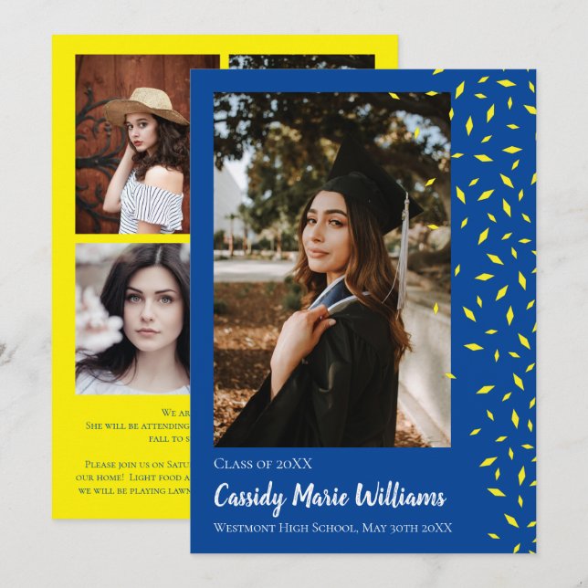 Anúncio de Graduação de Confetti Azul Amarelo (Frente/Verso)