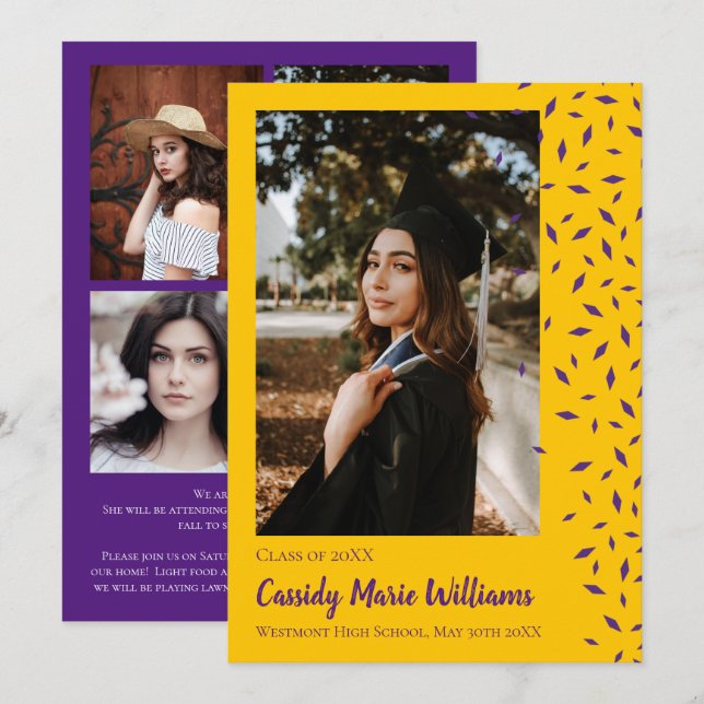 Anúncio de Graduação de Confetti Dourado Roxo (Frente/Verso)