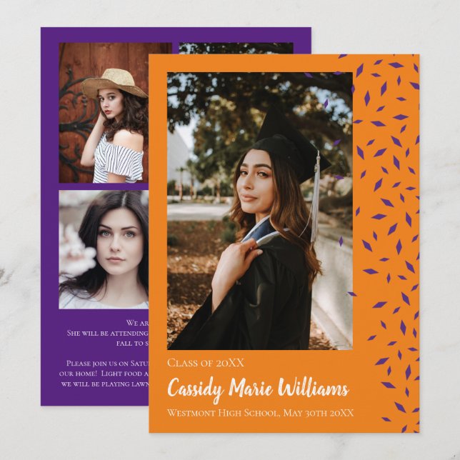 Anúncio de Graduação de Confetti Laranja Roxo (Frente/Verso)