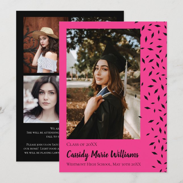 Anúncio de Graduação de Confetti Preto-Rosa (Frente/Verso)