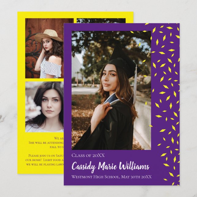 Anúncio de Graduação de Confetti Roxo Amarelo (Frente/Verso)