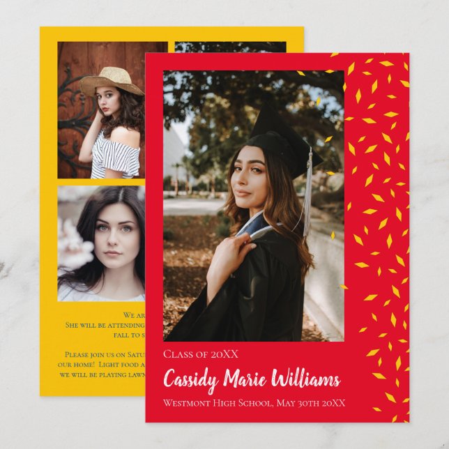 Anúncio de Graduação de Confetti Vermelho Dourado (Frente/Verso)