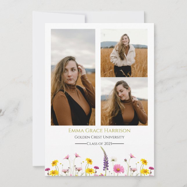 Anúncio de Graduação de Flores Selvagens com Fotos (Frente)