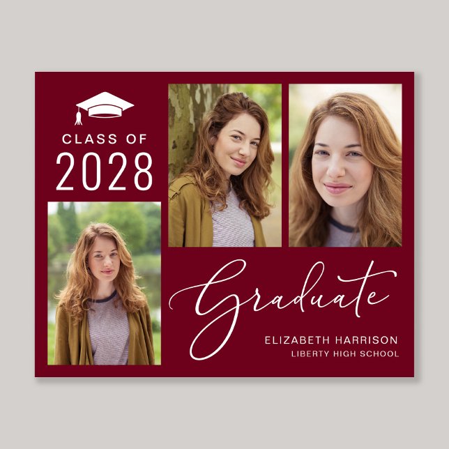 Anúncio de Graduação de Foto Burgundy no Orçamento (An elegant photo collage graduation announcement to celebrate the graduate's achievements)