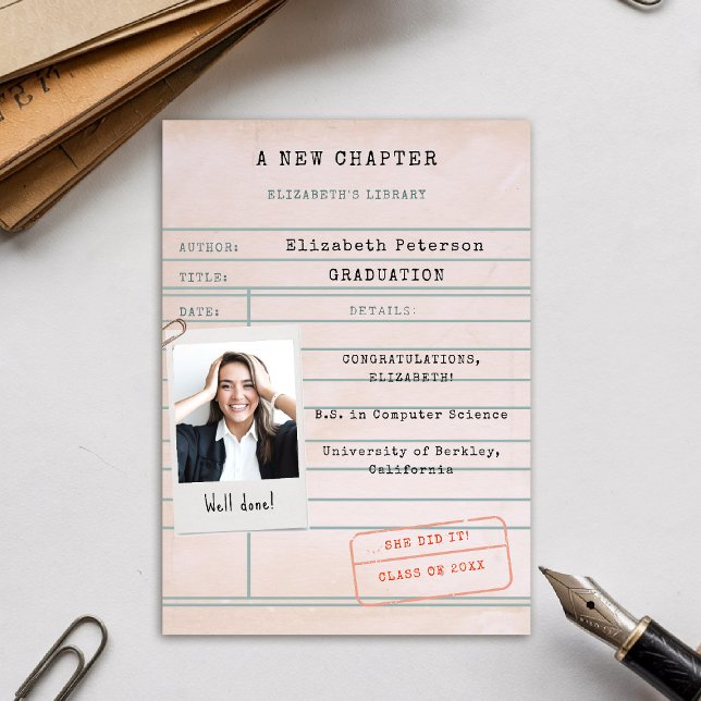 Anúncio de Graduação de Foto da Biblioteca de Livr (graduation announcement vintage library card polaroid photo template bookish bookworm book lover)