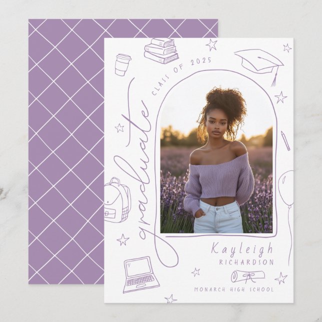 Anúncio de Graduação de Foto Desenhada em Mão Roxa (Frente/Verso)