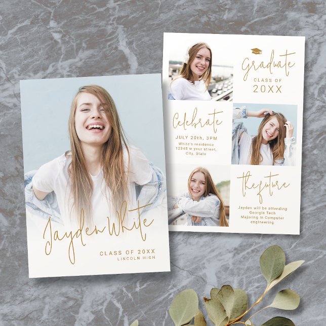 Anúncio de Graduação de Foto do Dourado Script Mod (Gold Modern Script 4 Photo Graduation Announcement)