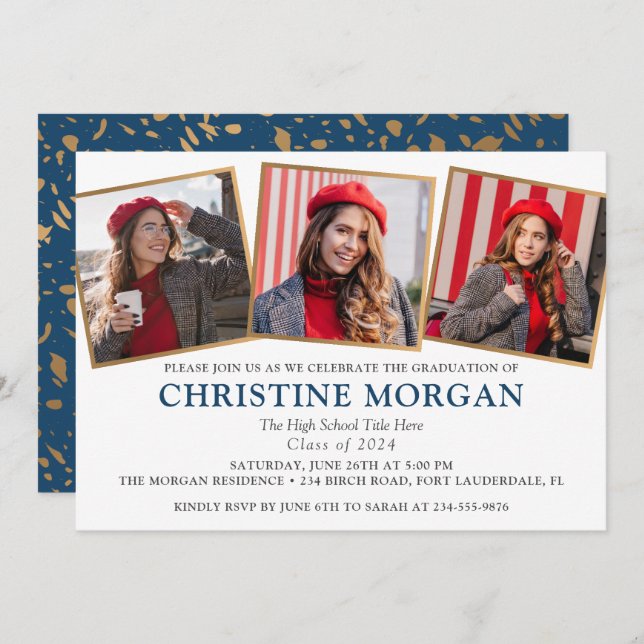 Anúncio de Graduação de Foto do Formando Dourado A (Frente/Verso)