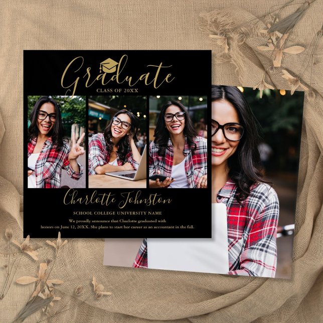 Anúncio de Graduação de Foto do Script Dourado Pre (Black Gold Script 4 Photo Graduation Announcement)