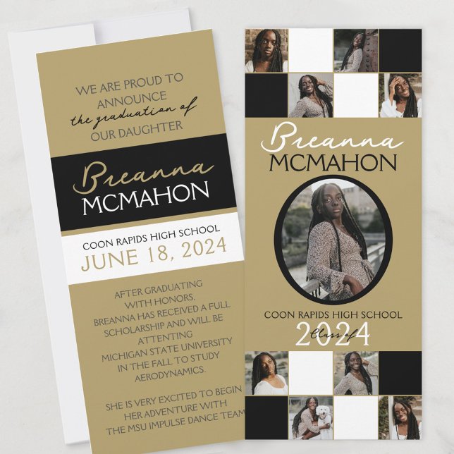 Anúncio de Graduação de Foto Dourada 9 em Bronze P (Elegant 9 Photo Graduation Double Sided Announcements in Gold Black and White)