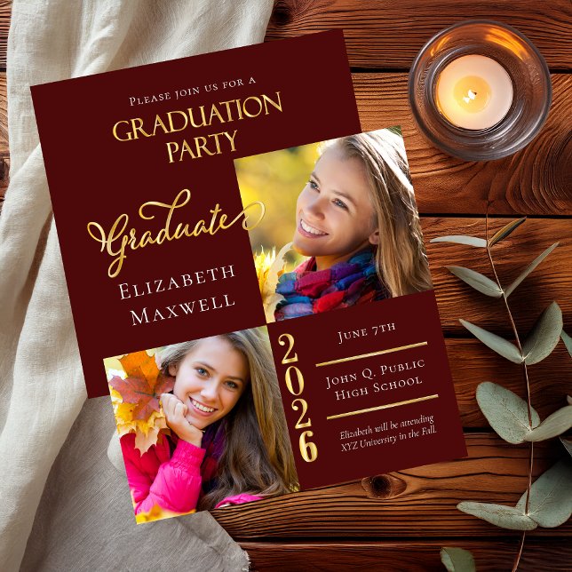 Anúncio de Graduação de Foto Dourada Maroon | Part (Elegant Maroon and Gold Tone Two Photo Collage Graduation Announcement and Party Invitation Combo)