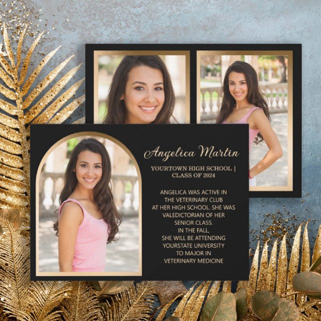 Anúncio de Graduação de Foto em Arco Dourado Preto (Black and gold photo announcement for the class of 2024)