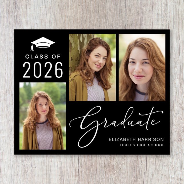 Anúncio de Graduação de Foto em Preto no Orçamento (Share the pride and excitement of your grad's achievement with friends and family near and far)