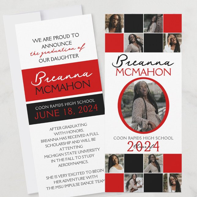 Anúncio de Graduação de Foto Vermelho e Preto 9 (9 Photo Graduation Announcement in White, Black and Red Elegant, formal & classy!)