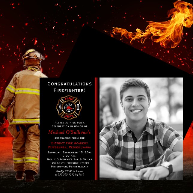 Anúncio de Graduação de Fotos do Bombeiro | Parte (Firefighter Photo Graduation Announcement and Party Invitation - Print and/or Download Available)
