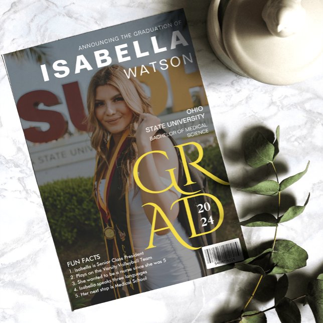 Anúncio de Graduação de Fotos do Cobrir da Revista (Fun Facts | Magazine Cover Stylish Photo Graduate Invitation)