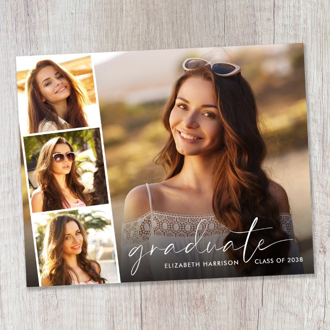 Anúncio de Graduação de Fotos do Script Branco de  (Budget White Script Photo Graduation Announcement)