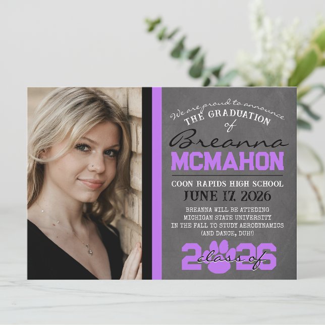 Anúncio de Graduação de Impressão em Púrpura e Pre ( Repeating Class Year 1 & 2 Photo Graduation Invitations & Announcements)