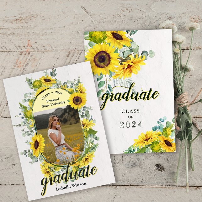 Anúncio de Graduação de Script de Girassol Foto (Photo Sunflower Script Graduation Announcement)