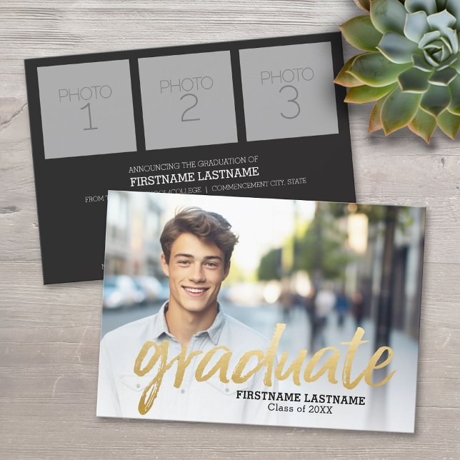 Anúncio de Graduação de Tendy com 4 Fotos - ouro (Custom Graduation Announcement)