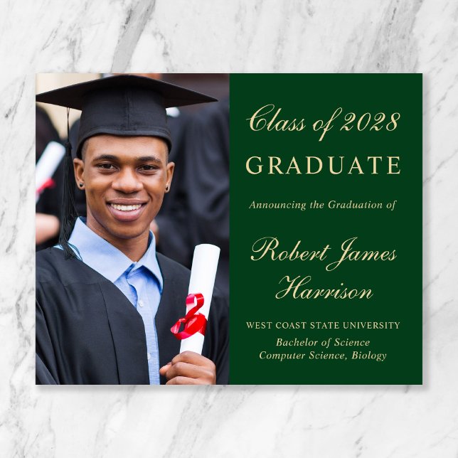 Anúncio de Graduação Dourada Verde de Foto Orçamen (Criador carregado)