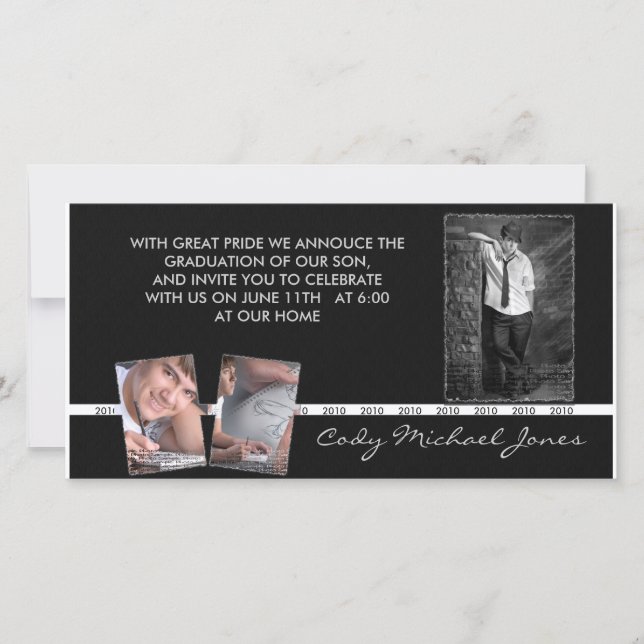 Anúncio de graduação em preto e branco e convite (Frente)