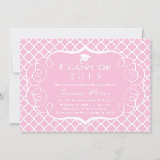 Anúncio de graduação em quatrefoil, rosa + branco (Frente)