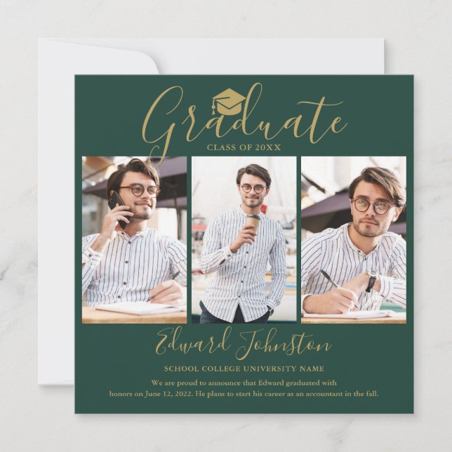 Anúncio de Graduação Emerald Gold Script Graduate  (Frente)