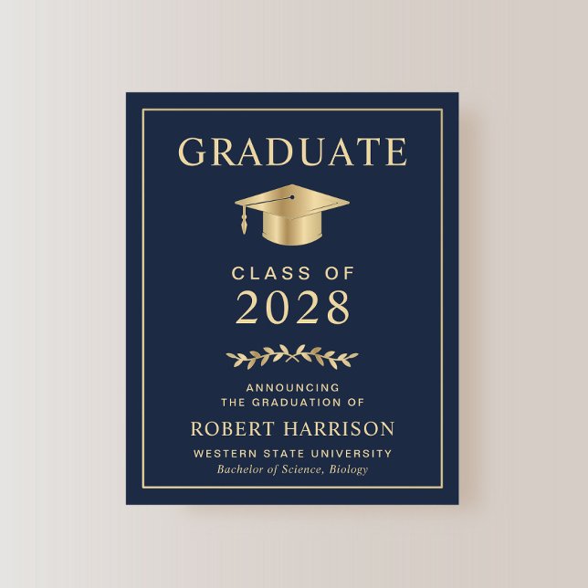 Anúncio de Graduação Faculdade Azul Ouro Orçamento (An elegant college graduation announcement to celebrate the graduate's achievements)