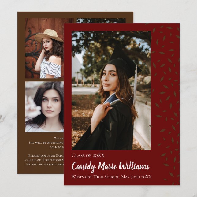 Anúncio de Graduação Maroon Confetti Brown (Frente/Verso)