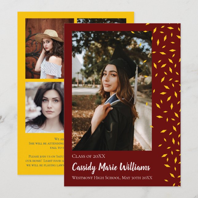 Anúncio de Graduação Maroon Confetti Dourado (Frente/Verso)