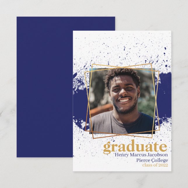 Anúncio de Graduação Navy & Gold Funky Splat (Frente/Verso)