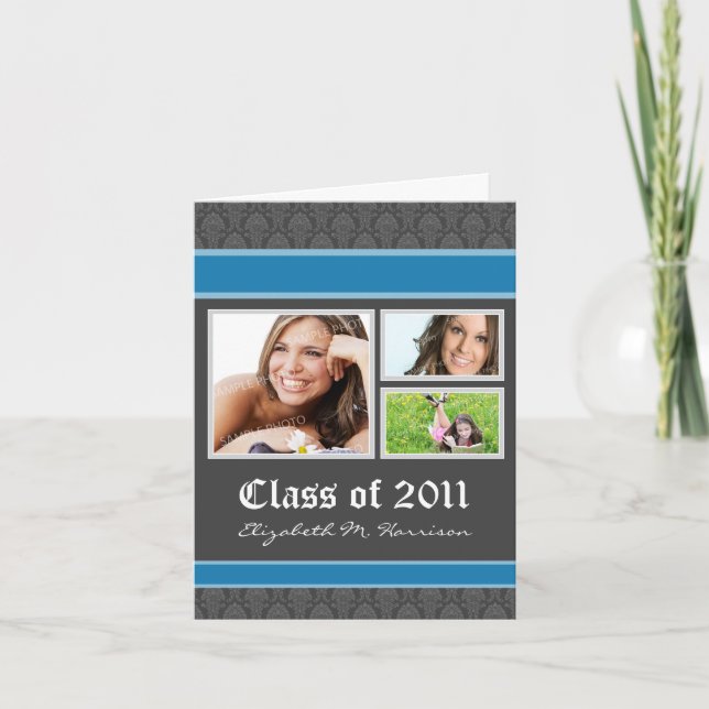 Anúncio de graduação personalizada do Damask (azul (Frente)
