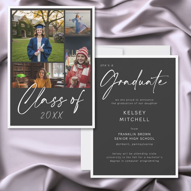 Anúncio de Graduação Preto Multi Foto Moderno (Modern Black Multi Photo Graduation Announcement)