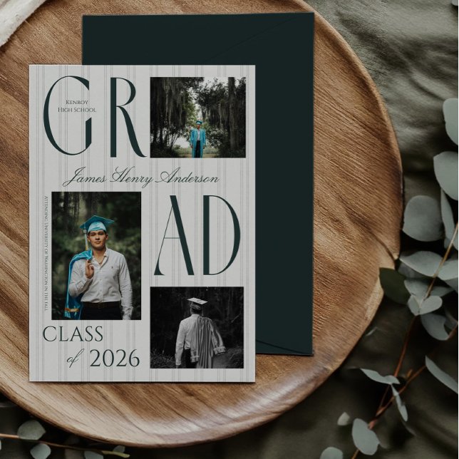 Anúncio de Graduação Refined Stripes 3 Fotos (Old money 5x7 classic 3 photo graduation announcement with a dark envelope on a wood and greenery)