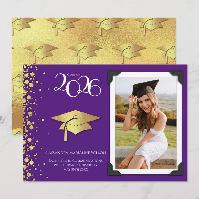 Anúncio de Graduação Roxo e Dourado com Foto (Frente/Verso)
