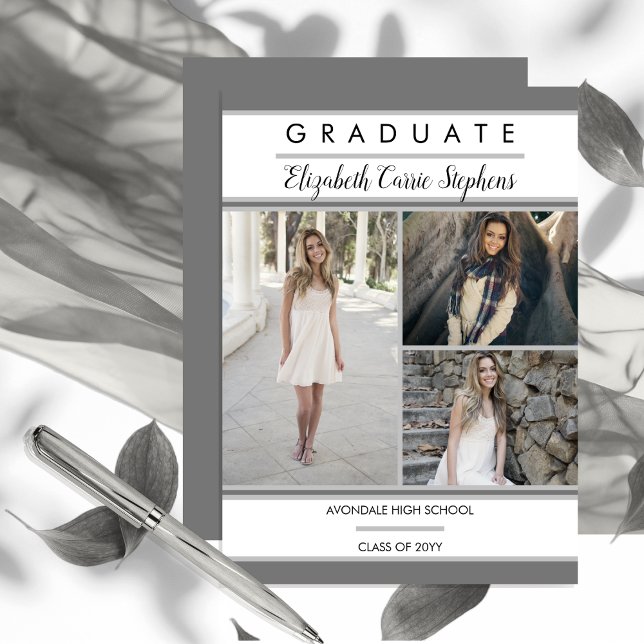 Anúncio de Graduação Simples e Sofisticado em Cinz (Simple Classy Three Photo Collage Gray and White Graduation Announcement - Print | Download)