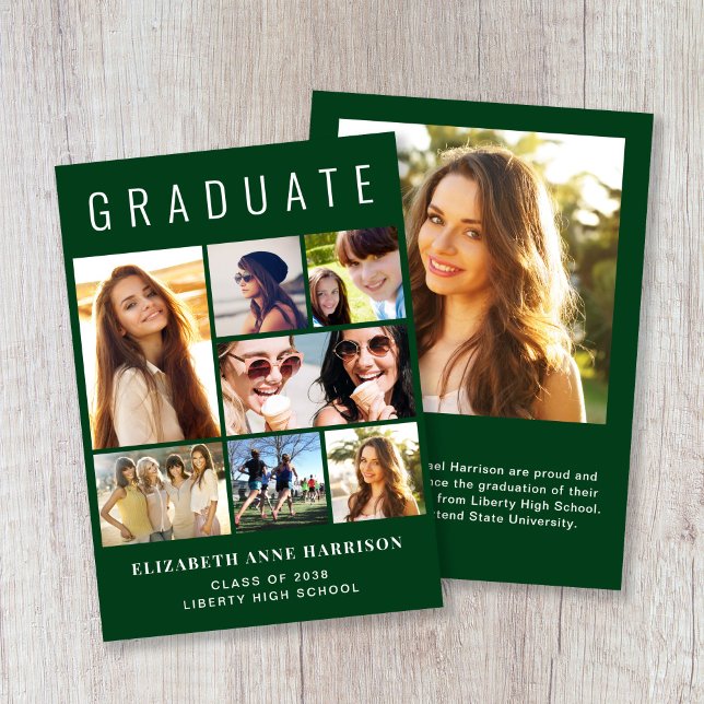 Anúncio de Graduação Verde da Colagem de Fotos Mod (Modern Photo Collage Green Graduation Announcement)