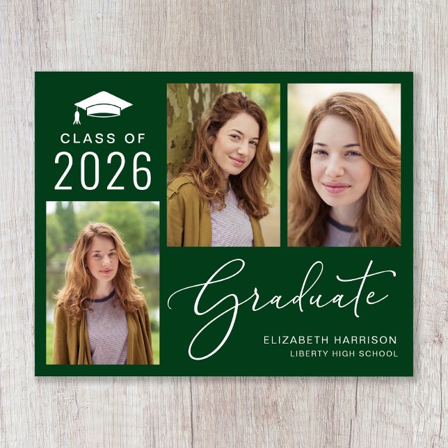 Anúncio de Graduação Verde de Foto no Orçamento 3 (An elegant photo collage graduation announcement to celebrate the graduate's achievements)