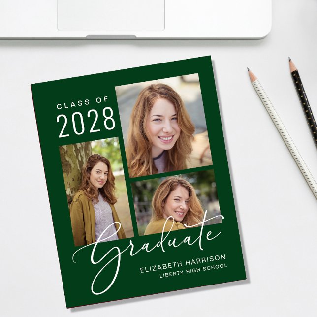 Anúncio de Graduação Verde de Script de Foto Orçam (An elegant photo collage graduation announcement to celebrate the graduate's achievements)