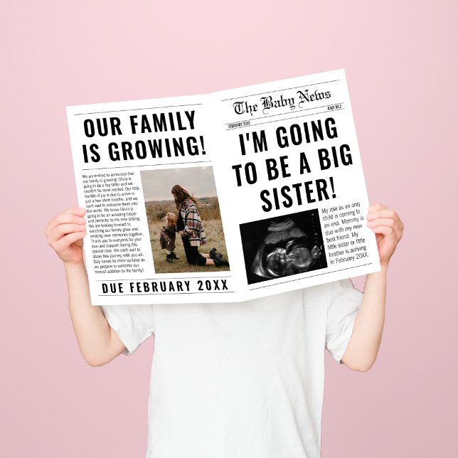 Anúncio de Gravidez de Irmã Mais Velha em Jornal Ú (big sister pregnancy announcement newspaper style template)
