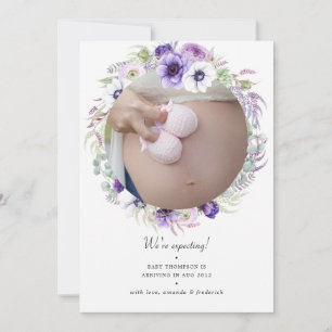 Anúncio de Gravidez em Foto Floral Violeta Pastel