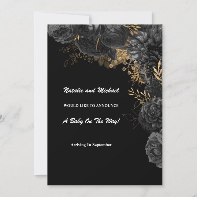 Anúncio De Gravidez Floral Preta E Dourada (Frente)