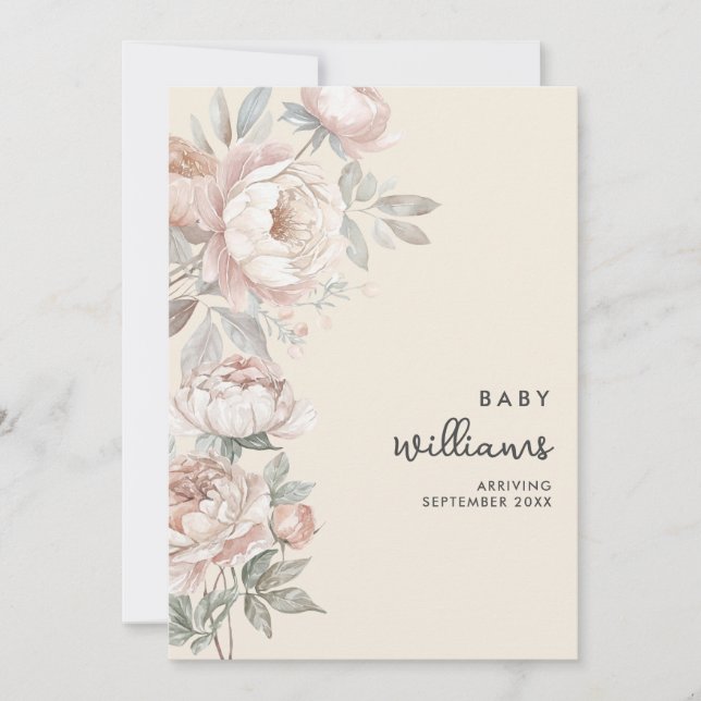Anúncio de Gravidez Floral Rosa de Peony Moderno (Frente)
