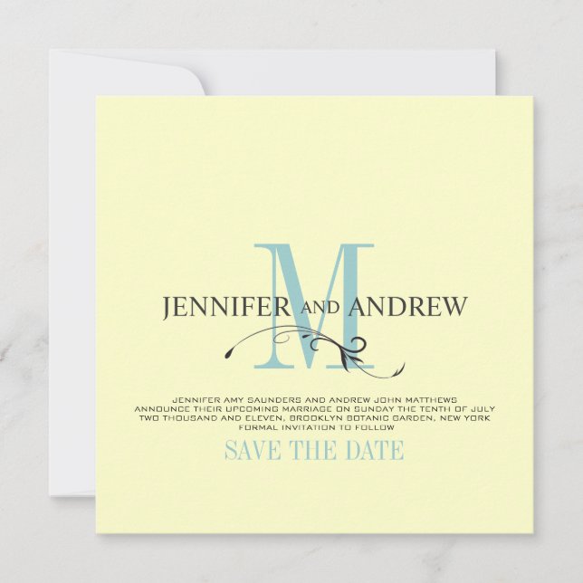Anúncio de Monograma de Blue Cream Save the Date (Frente)