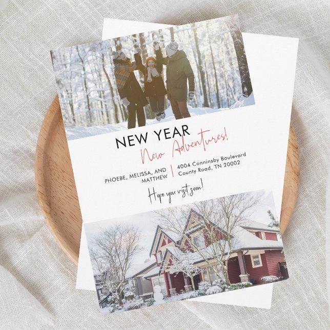 Anúncio de Movimentação de Feriado de Aventuras de (New Year Family Photo New Address Moving Announcement)