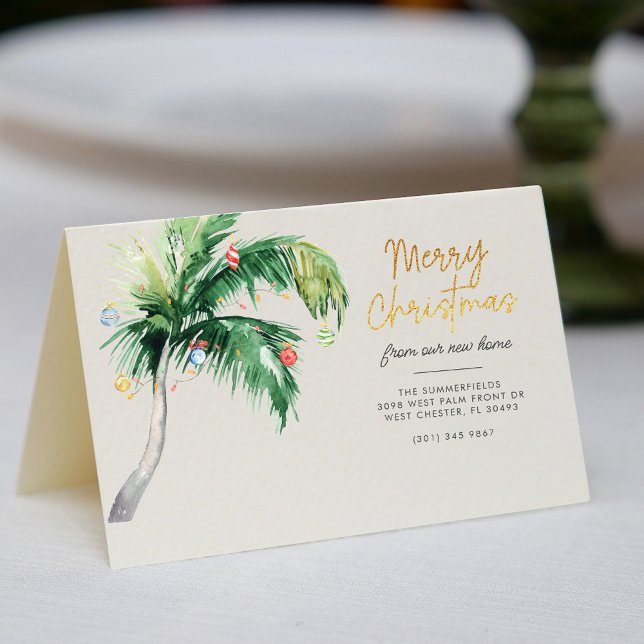 Anúncio de movimento da árvore de Natal Holiday (Merry Christmas Coastal Tropical Palm Tree Moving Announcement Folded Card)